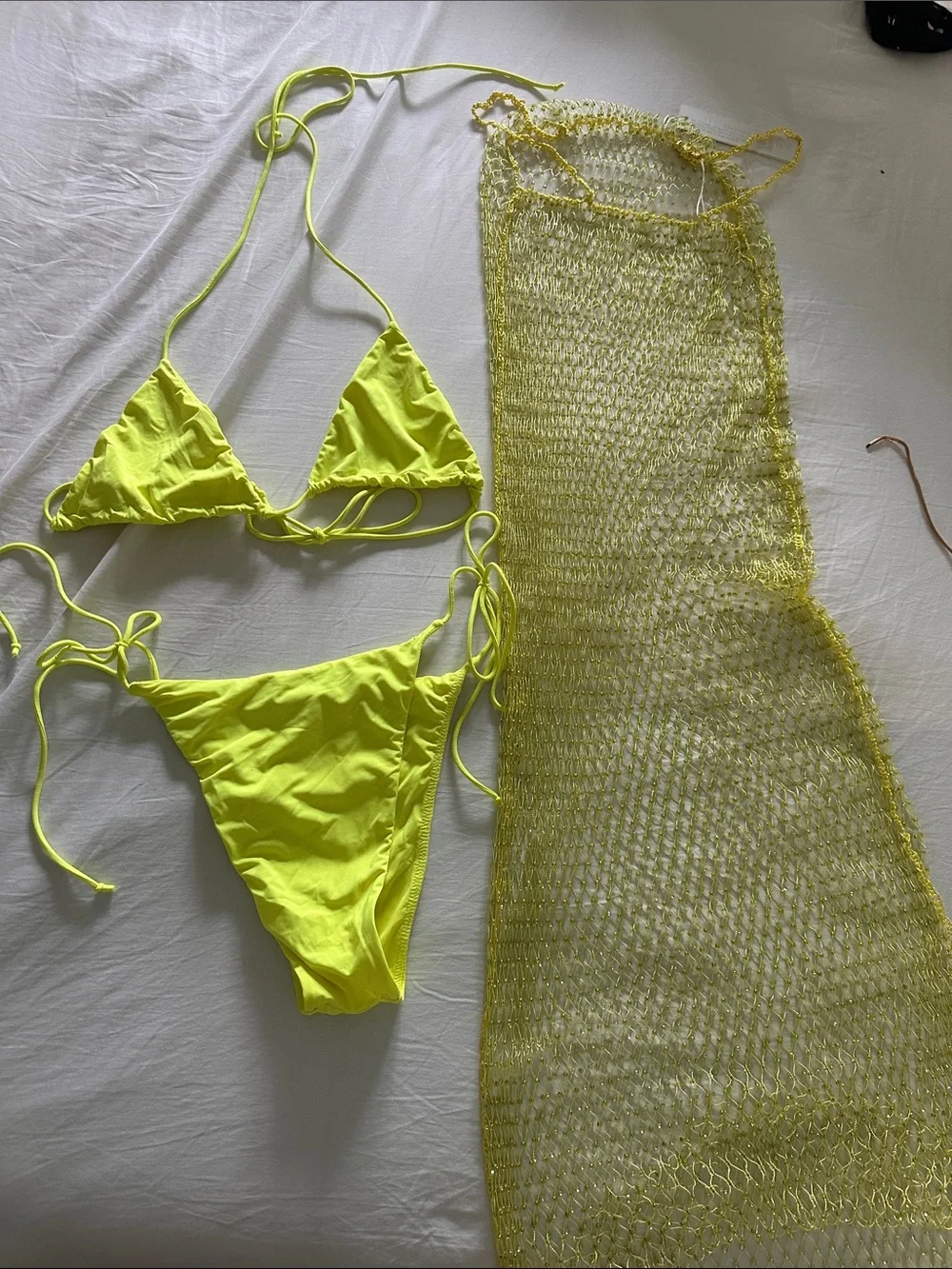 Meshki Swim - Neon Yellow String Bikini Set with Mesh Cover-Up